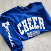 Personalized Print Cheer Mom sweatshirt with Kids Name on Sleeve