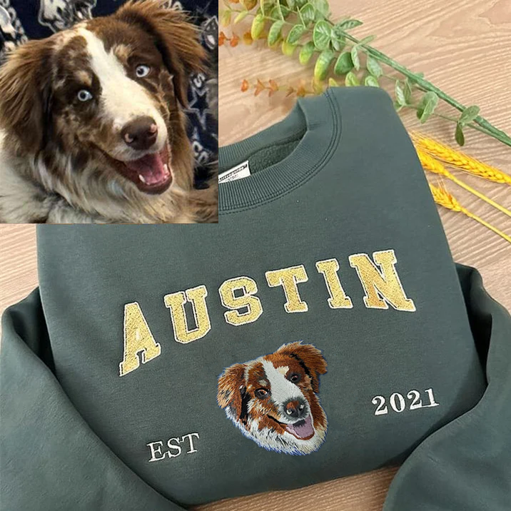 Custom Premium Handcrafted Pet Photo Embroidery with Pet Name T-shirt Sweatshirt Hoodie