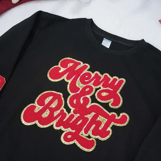 Merry and Bright Chenille Patch Sweatshirt- Best Christmas Gift