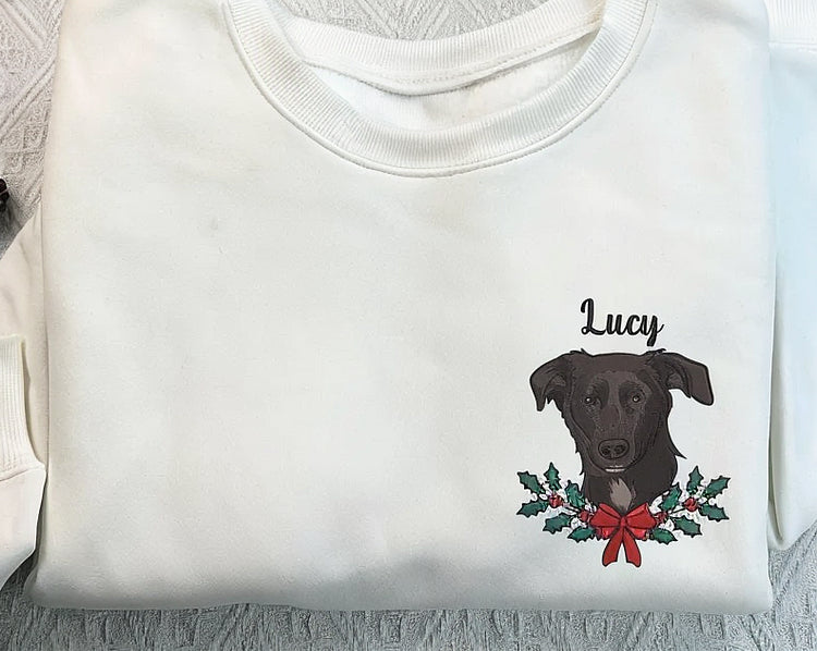 Custom Dog Face Christmas Embroidered Sweatshirt Personalized Pet Face and Name Xmas Sweatshirt