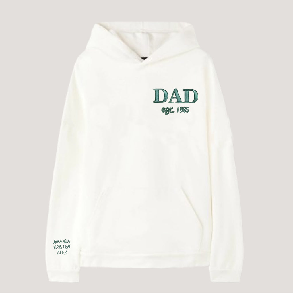 Custom Embroidered | Dad Est Sweatshirt | Kids Names on Sleeve