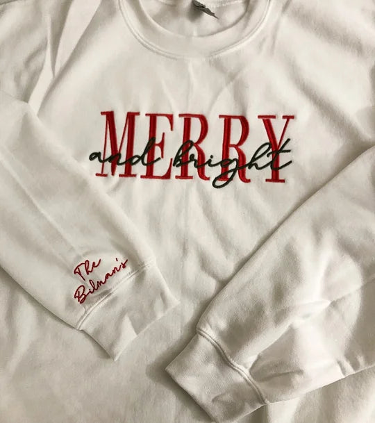 Embroidered Merry and Bright Crewneck Cozy Sweatshirt -Christmas gifts