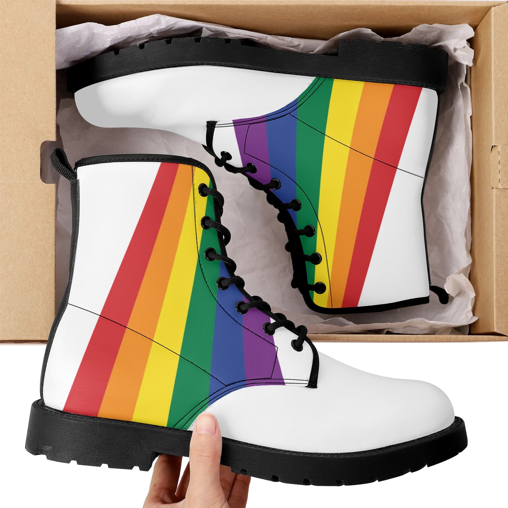 White Rainbow Pride Womens Leather Combat Boots