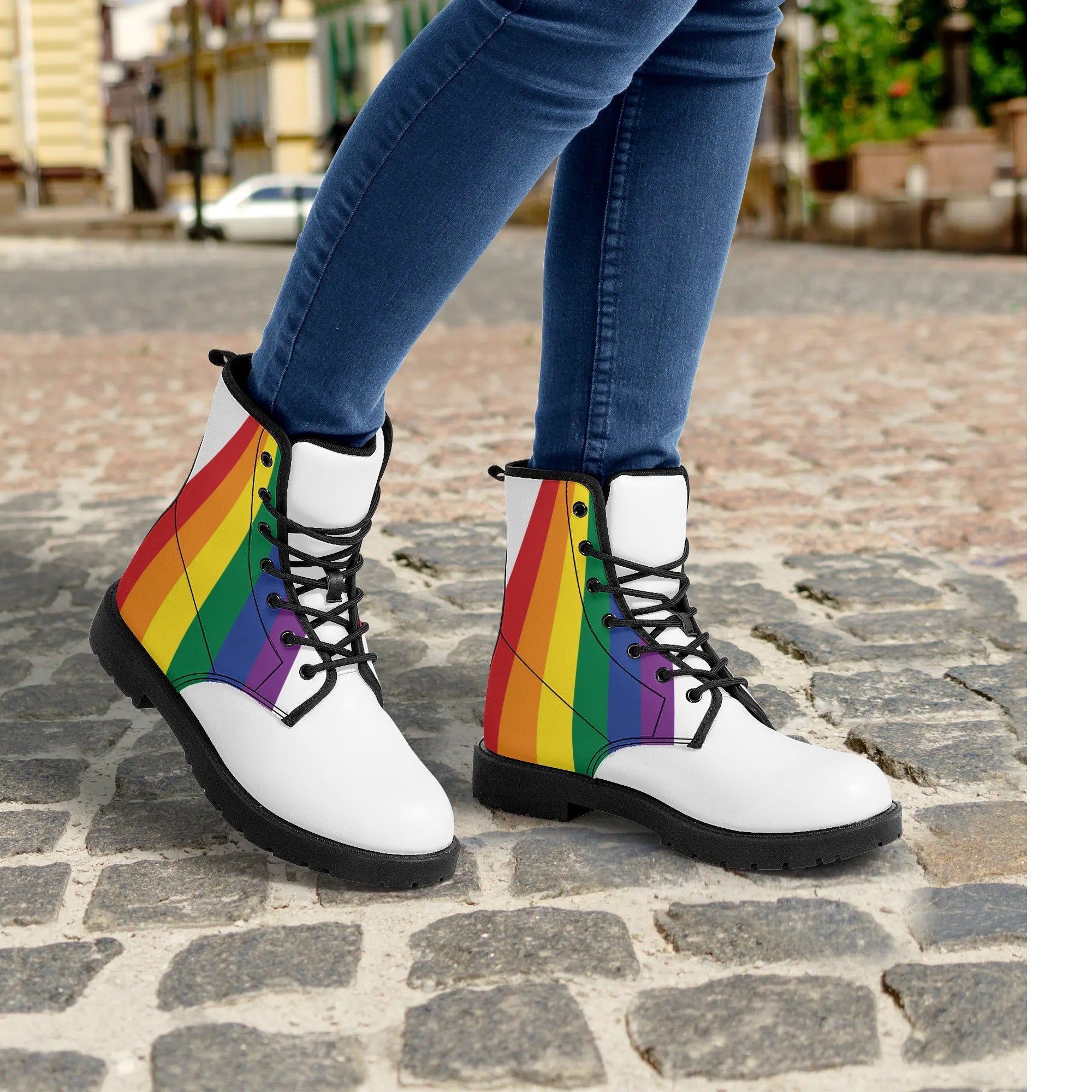 White Rainbow Pride Womens Leather Combat Boots