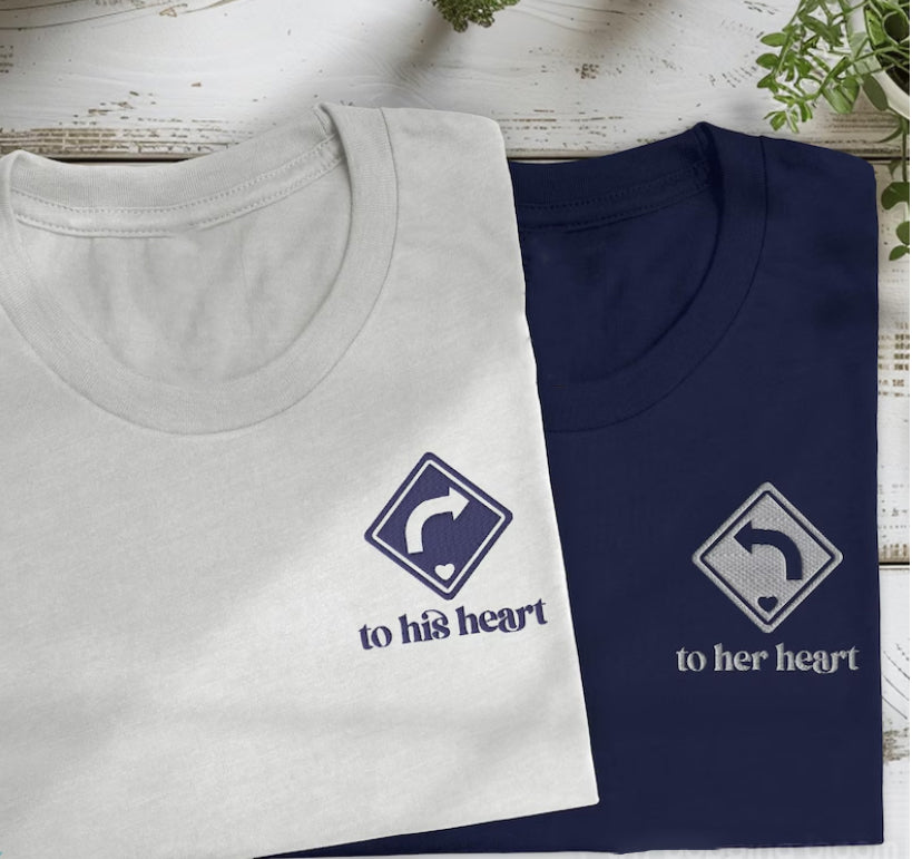 To The Heart Embroidered Couple T-shirt | Matching T-shirt for Couples | Husband and Wife