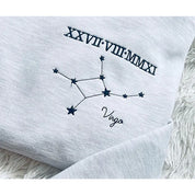 Personalized Embroidered Roman Numerals Date, Star Sign Zodiac Hoodie or Zip up Hoodie