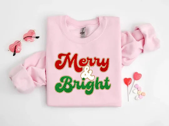 Merry and Bright Chenille Patch Sweatshirt- Best Christmas Gift