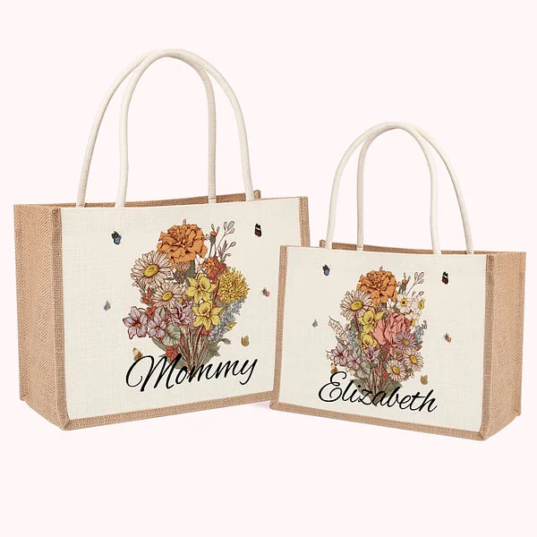 Personalized｜Birth Flower Bouquet Jute Tote Bag｜Mother's Day｜Birthday Gift