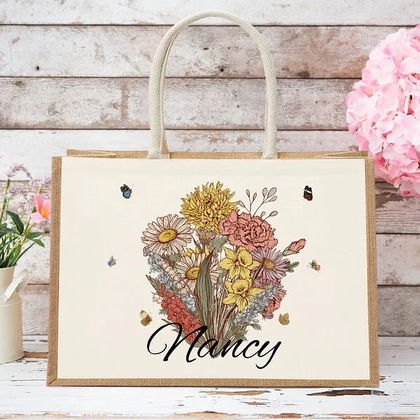 Personalized｜Birth Flower Bouquet Jute Tote Bag｜Mother's Day｜Birthday Gift