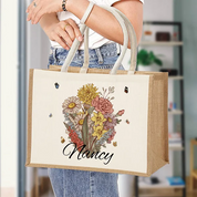 Personalized｜Birth Flower Bouquet Jute Tote Bag｜Mother's Day｜Birthday Gift