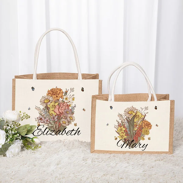 Personalized｜Birth Flower Bouquet Jute Tote Bag｜Mother's Day｜Birthday Gift