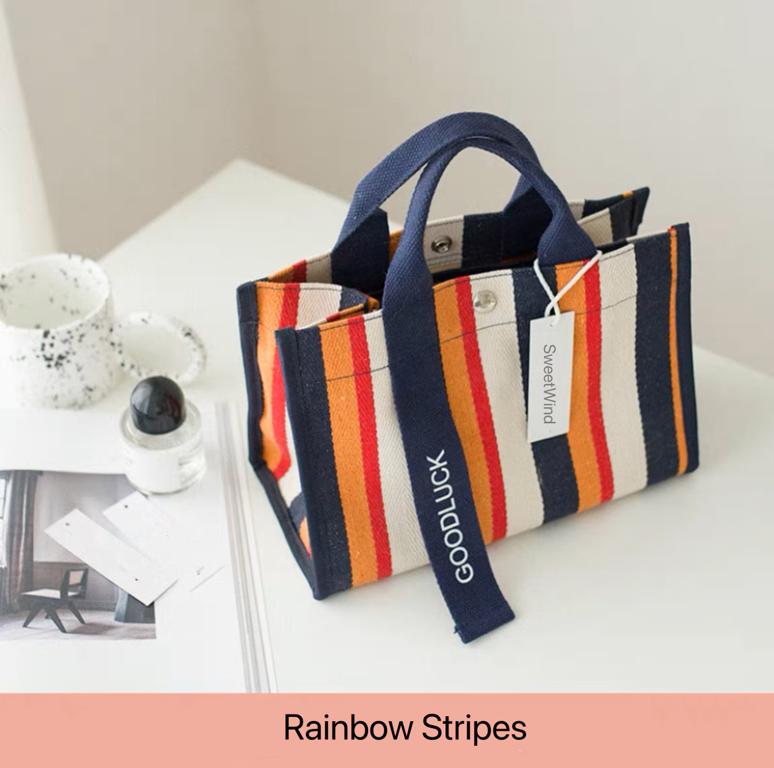 Striped Portable Canvas Colorful Niche Bag,Casual Commuter Shoulder Bag