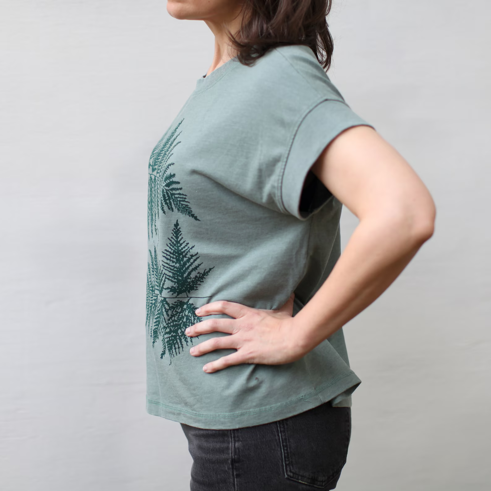 Loose Fit Forest Fern Leaf Boxy Top in Sage Green, Plant Mama Gift