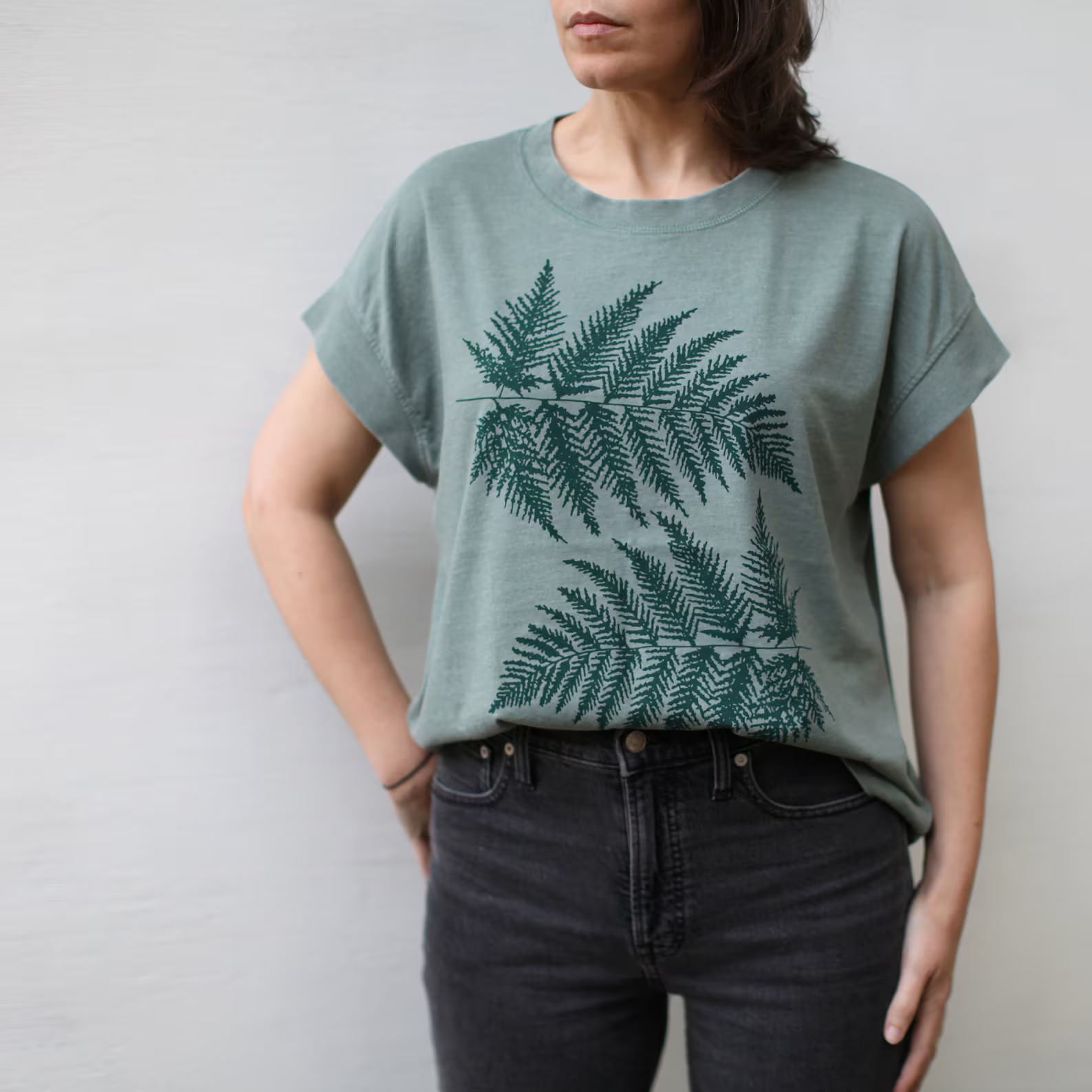 Loose Fit Forest Fern Leaf Boxy Top in Sage Green, Plant Mama Gift