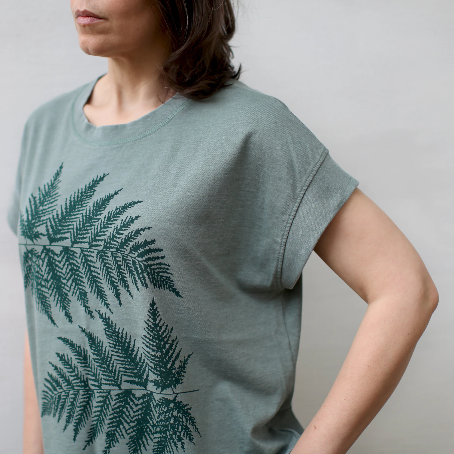 Loose Fit Forest Fern Leaf Boxy Top in Sage Green, Plant Mama Gift