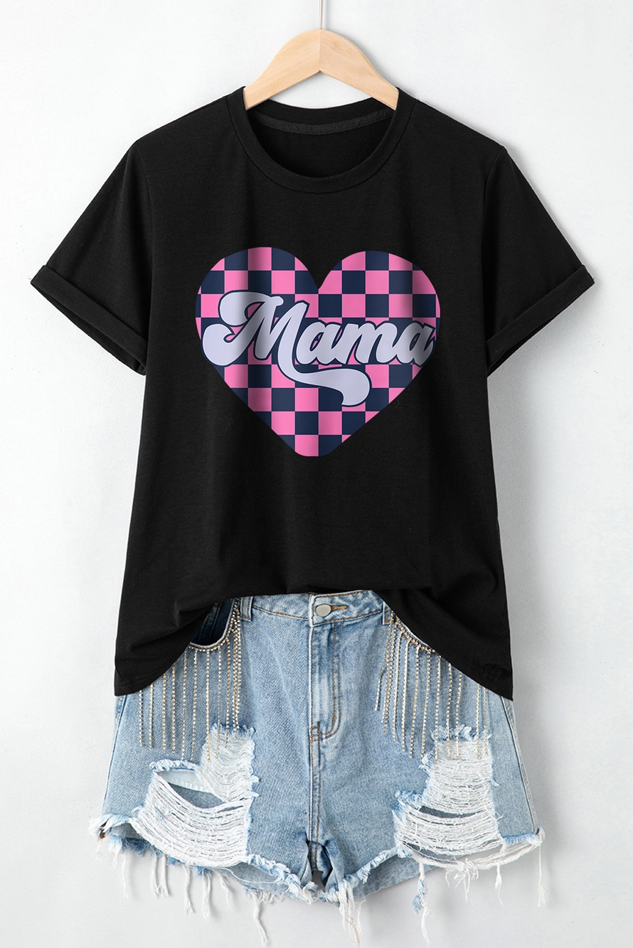 Women Mother's Day Checkered Heart Graphic Tee