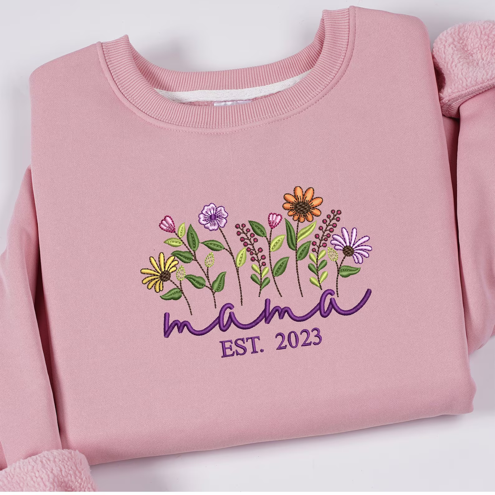 Floral Mama | Embroidered Crewneck Sweatshirt | Custom Kid Name On Sleeve