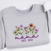 Floral Mama | Embroidered Crewneck Sweatshirt | Custom Kid Name On Sleeve