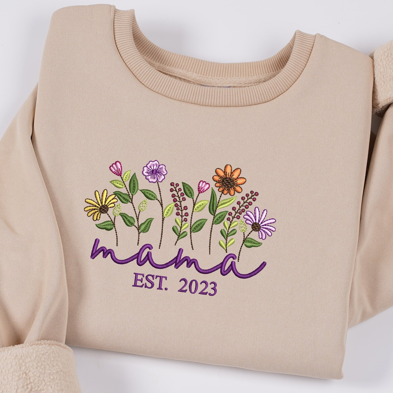 Floral Mama | Embroidered Crewneck Sweatshirt | Custom Kid Name On Sleeve