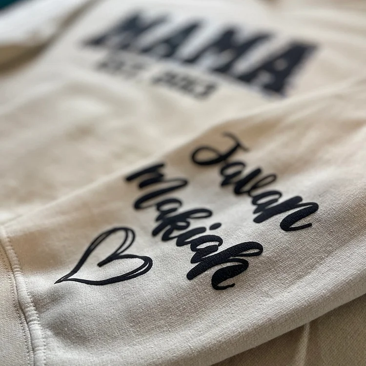 CUSTOM MAMA PUFF PRINT SWEATSHIRT WITH KID NAMES ON SLEEVE