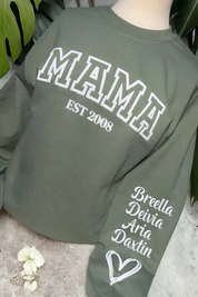 CUSTOM MAMA PUFF PRINT SWEATSHIRT WITH KID NAMES ON SLEEVE