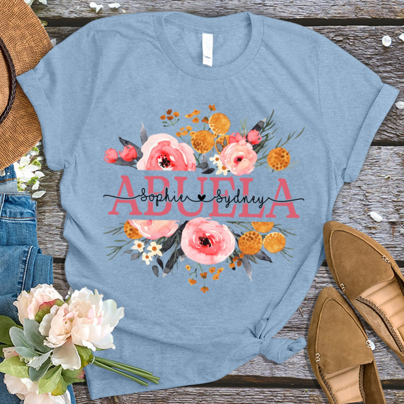 Personalized Grandma Shirt with Grandkids Names, Floral Nana T-Shirt