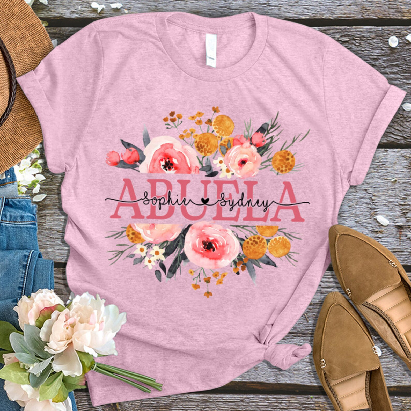 Personalized Grandma Shirt with Grandkids Names, Floral Nana T-Shirt