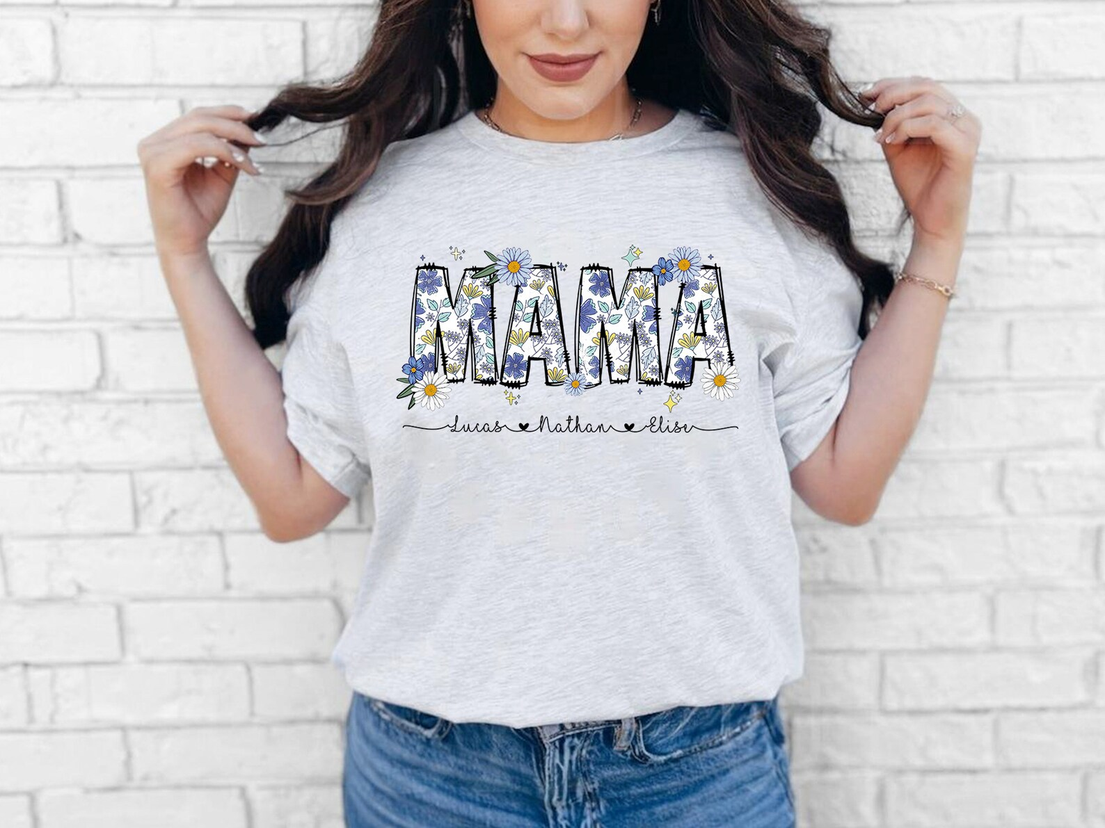 Custom Floral Mama Shirt, Cute Retro Flowers Mom Shirt With Kids Names