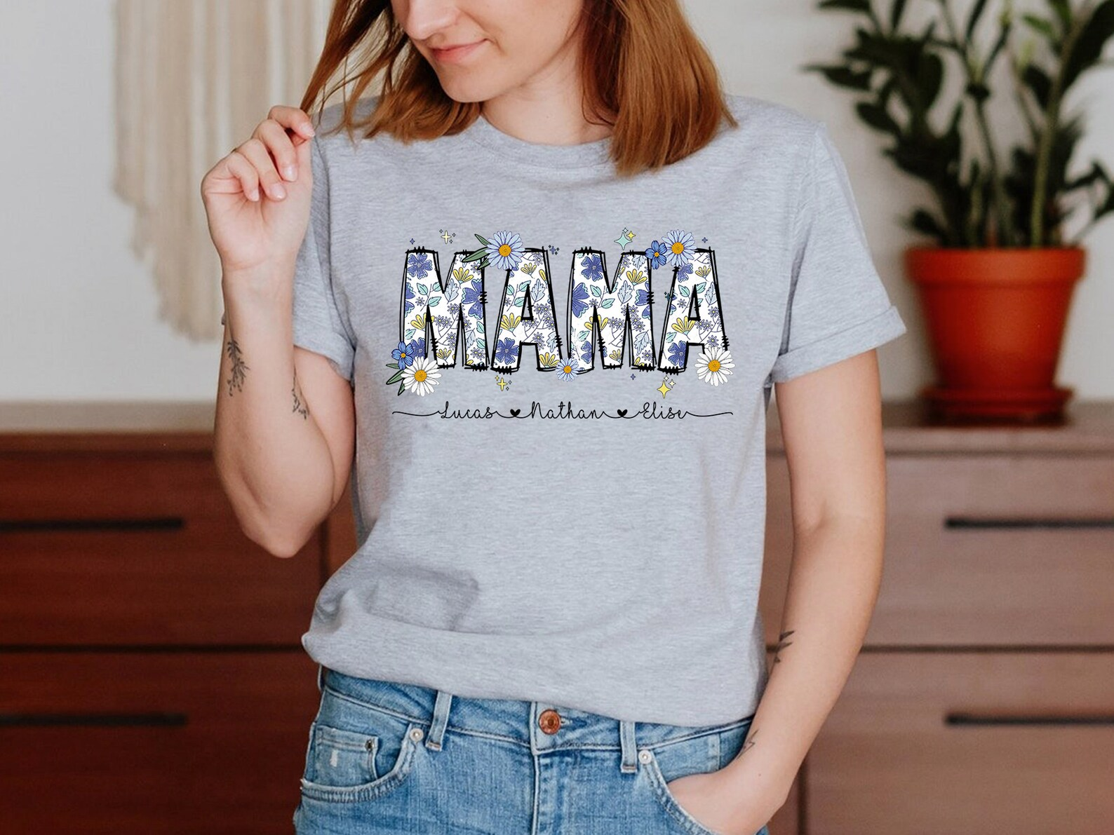 Custom Floral Mama Shirt, Cute Retro Flowers Mom Shirt With Kids Names