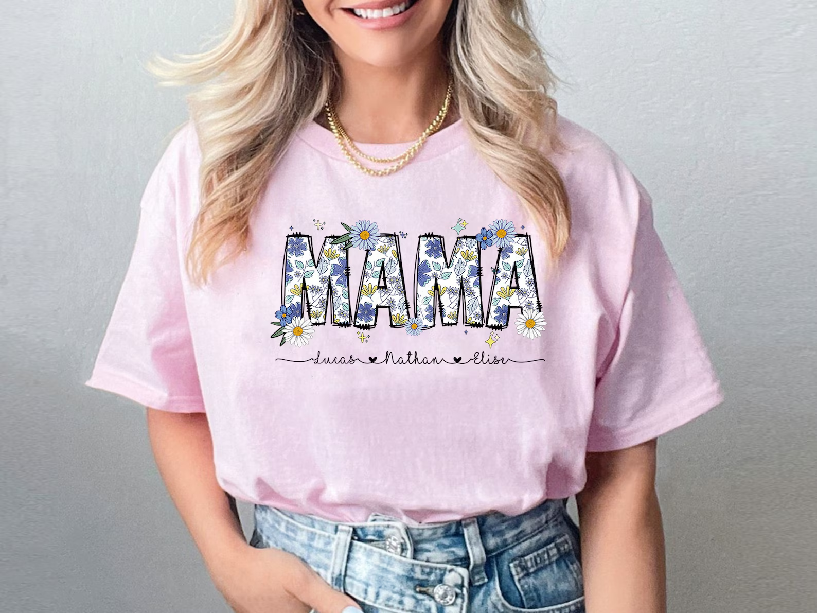 Custom Floral Mama Shirt, Cute Retro Flowers Mom Shirt With Kids Names