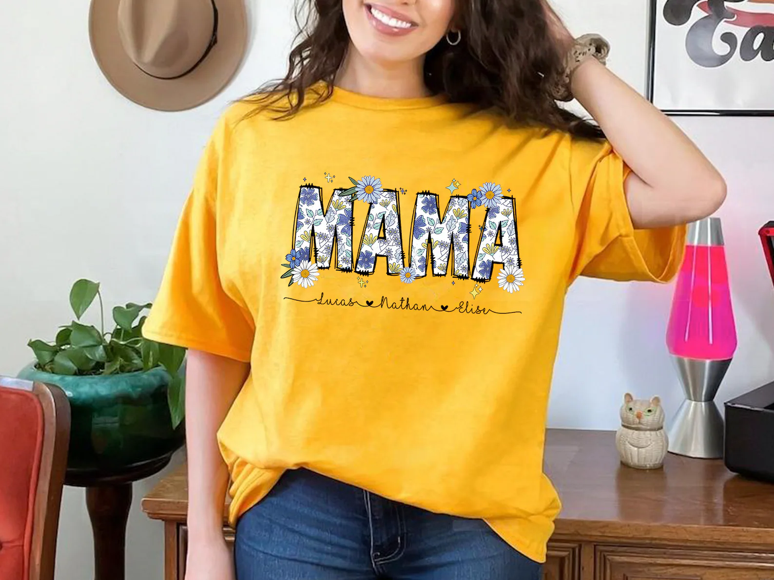 Custom Floral Mama Shirt, Cute Retro Flowers Mom Shirt With Kids Names