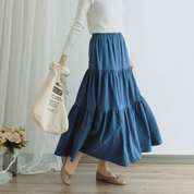 Summer Cotton Skirt Casual Loose Skirts A-line Pleated Elastic Waist Skirt