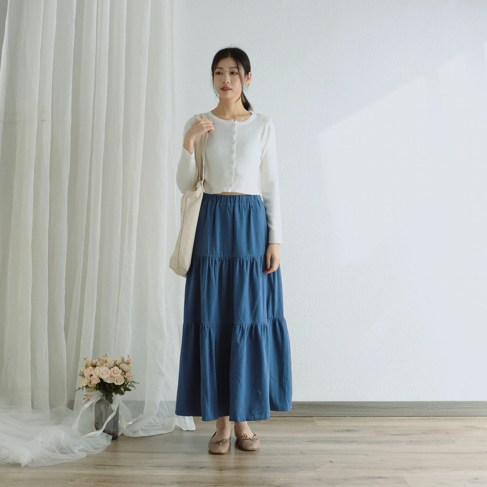 Summer Cotton Skirt Casual Loose Skirts A-line Pleated Elastic Waist Skirt