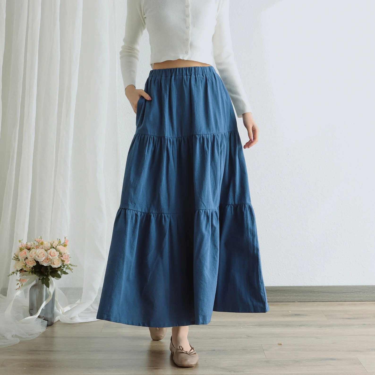 Summer Cotton Skirt Casual Loose Skirts A-line Pleated Elastic Waist Skirt