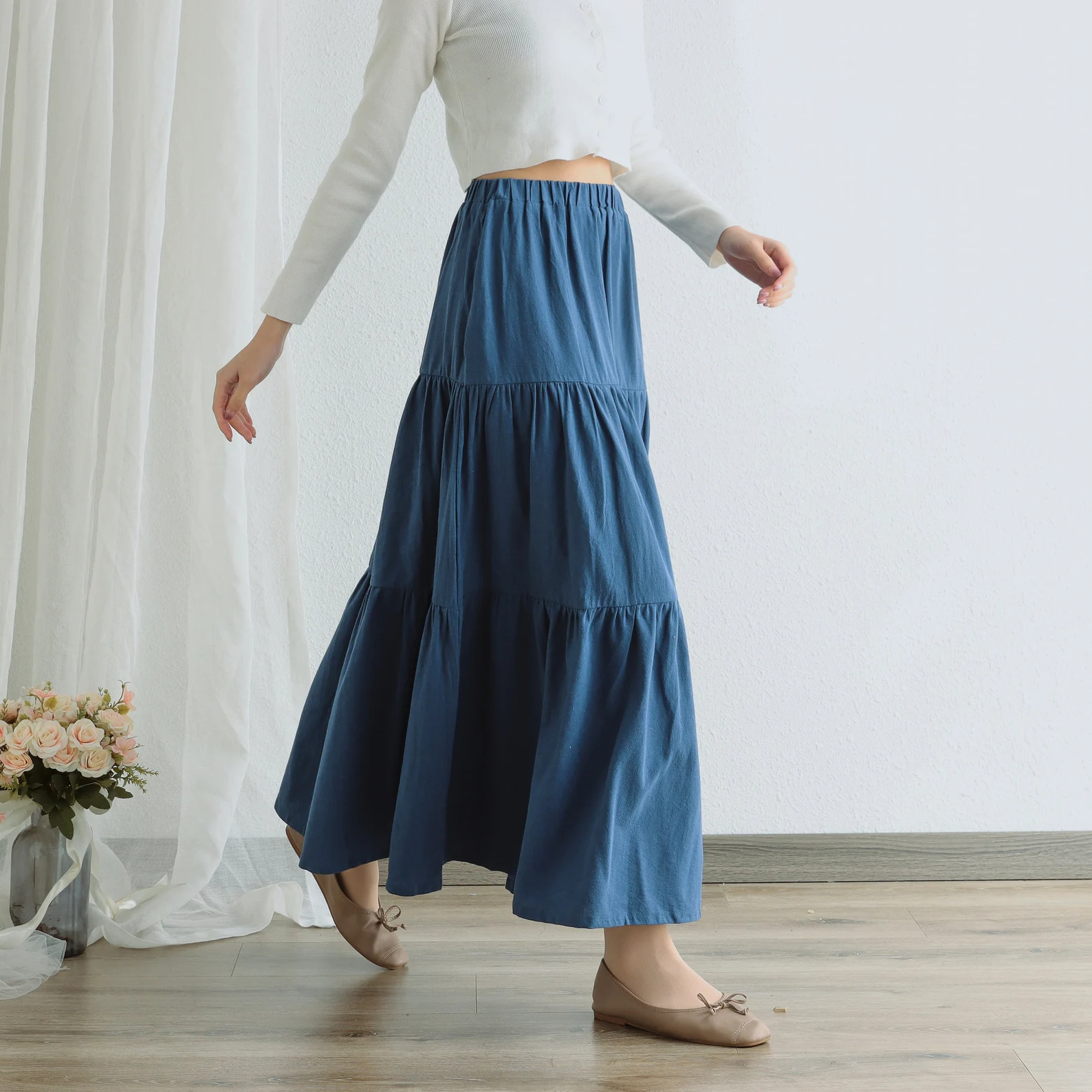 Summer Cotton Skirt Casual Loose Skirts A-line Pleated Elastic Waist Skirt