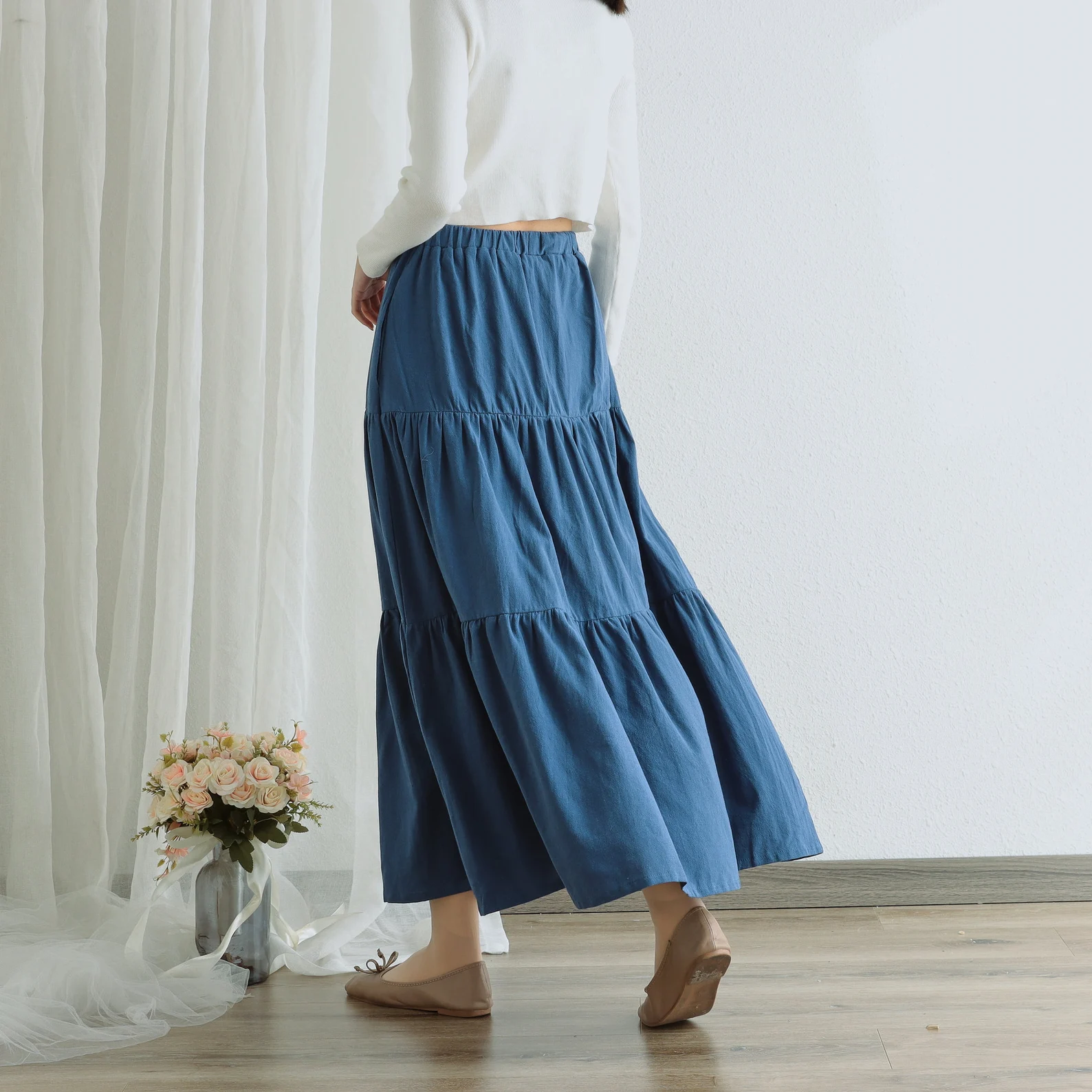 Summer Cotton Skirt Casual Loose Skirts A-line Pleated Elastic Waist Skirt