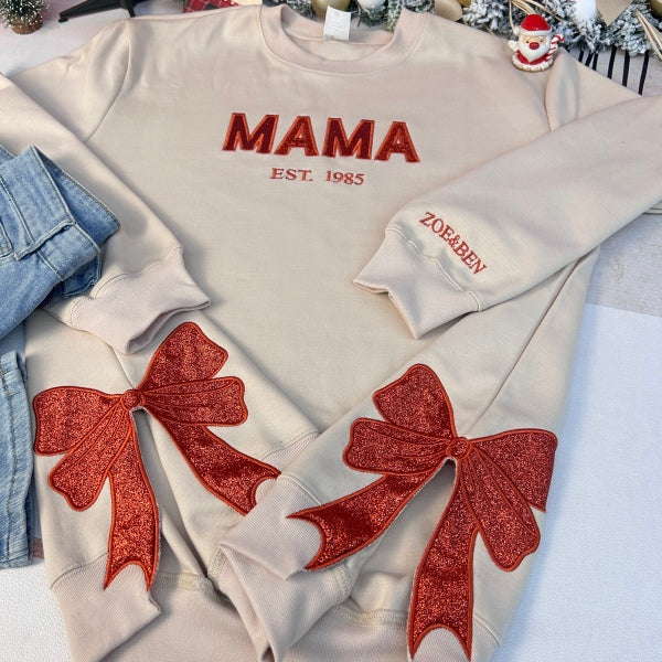 Glitter MAMA Side Bow Embroidered Sweatshirt