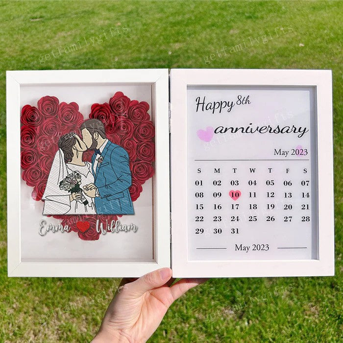 Custom Heart Shape Couple Portrait Flower Shadow Box Calendar Frame