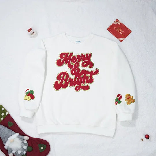 Merry and Bright Chenille Patch Sweatshirt- Best Christmas Gift