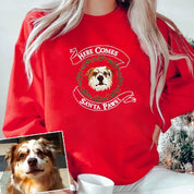 Here Comes Santa Paws Christmas Personalized Pet Portrait Embroidered Hoodie Sweatshirt T-shirt