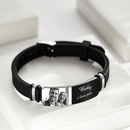 Custom Men's Photo Engraved Bracelet Wedding Gift For Anniversary Or Newly Married Couple Personalized Bracelet