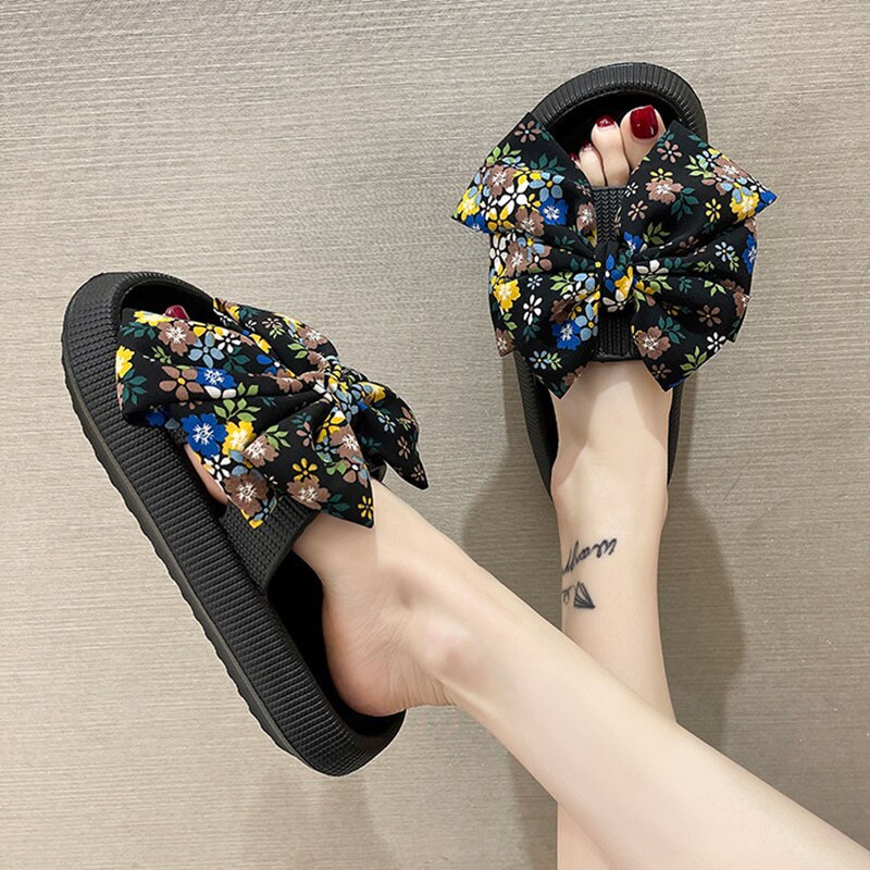 Tanguoant Printed Big Bowtie Slides Women Summer Thick