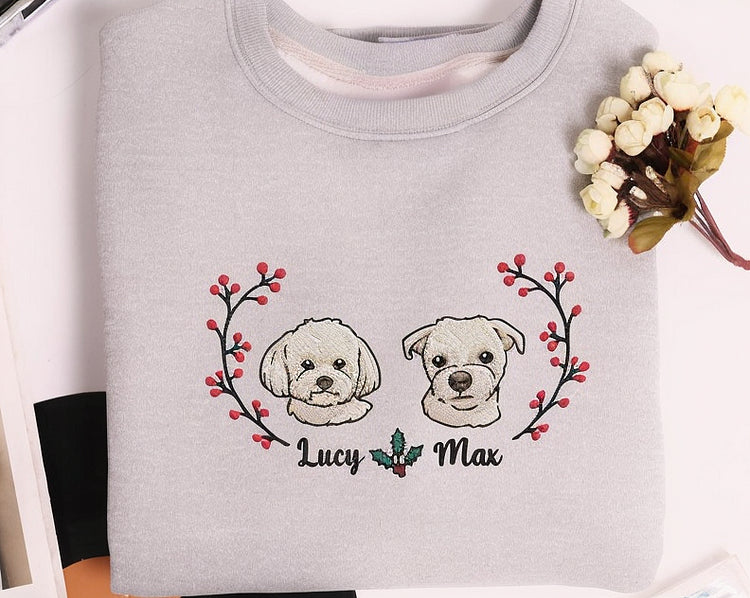 Custom Dog Face Christmas Embroidered Sweatshirt Personalized Pet Face and Name Xmas Sweatshirt