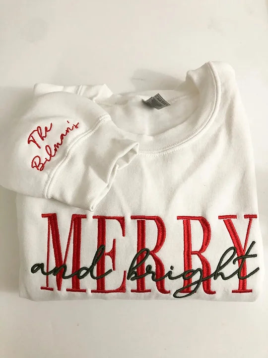 Embroidered Merry and Bright Crewneck Cozy Sweatshirt -Christmas gifts