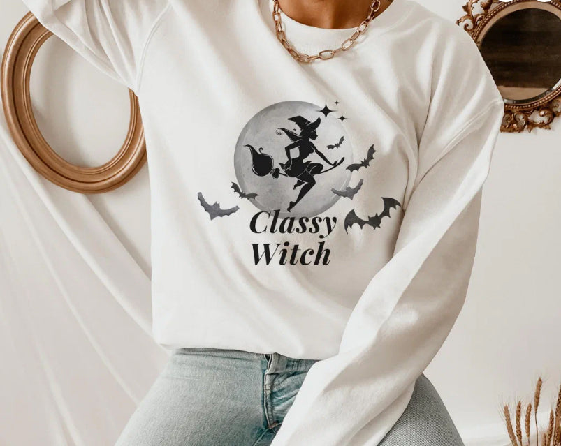 Classy Witch and Moon Halloween Sweatshirt