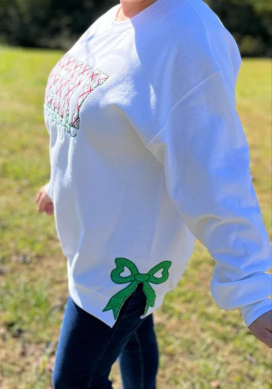 MERRY AND BRIGHT | SIDE BOW APPLIQUE EMBROIDERED SWEATSHIRT