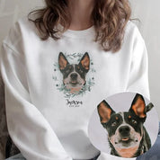 Personalized Pet Face Printed T-shirt Sweatshirt Hoodie Using Photo + Name Custom Portrait Floral Wreath