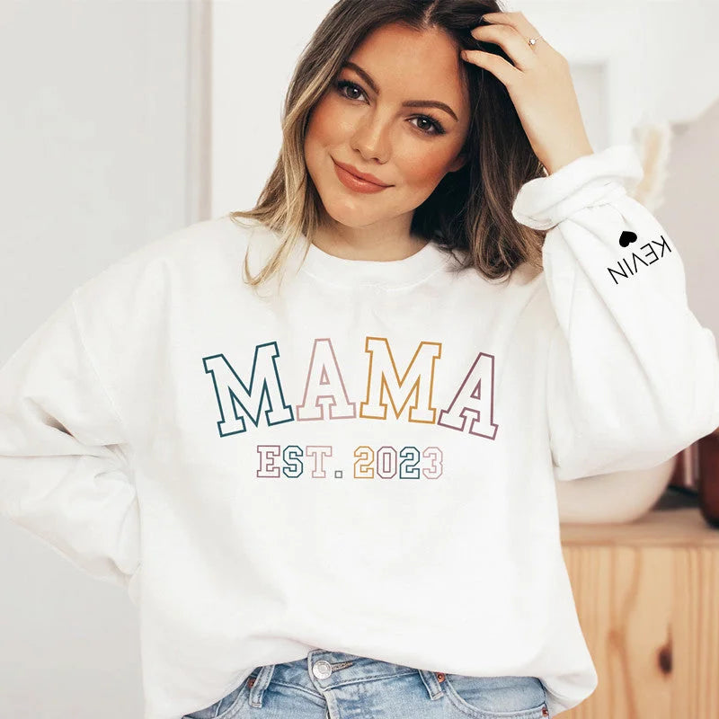 Personalized Mama Est Sweatshirt with Child's Name on Sleeve