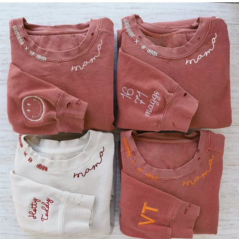 Embroidered Hand Distressed Mama Sweatshirt With kid's Names