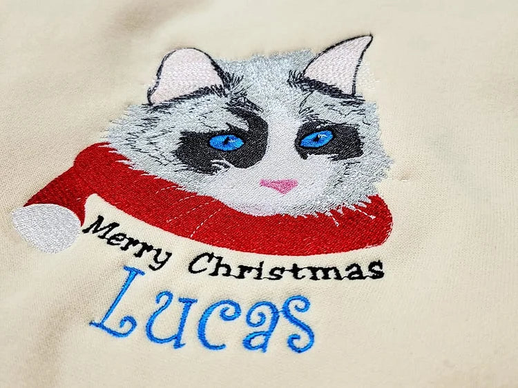 Custom Christmas Pet Embroidered Sweatshirt Embroidered Cat Face and Name Hoodie Xmas Gift